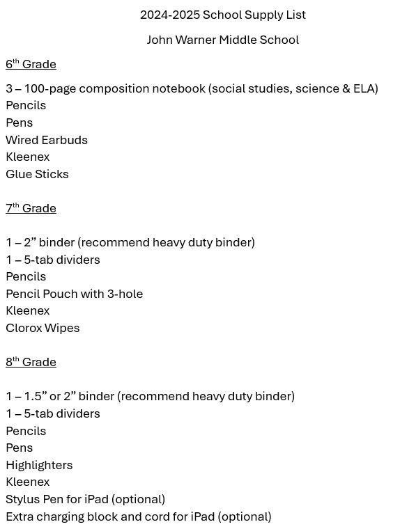  Supply List